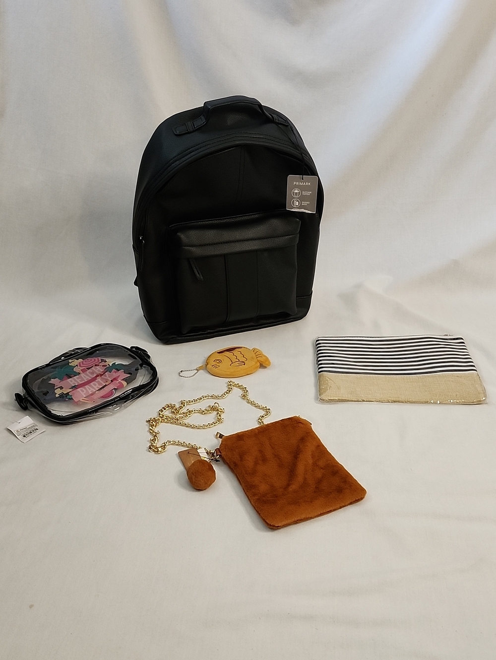 Primark Black Faux Leather Backpack with Beach Bundle